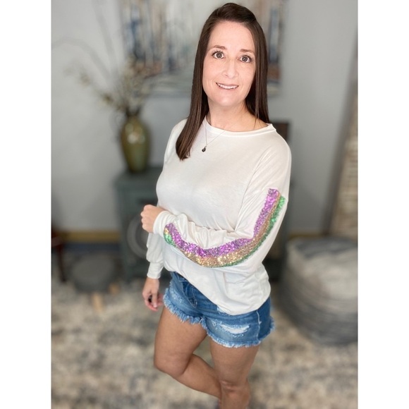 Mardi Gras Striped Sequined Color Block Long Sleeve Purple Green Gold Ivory 0522 - Picture 5 of 10